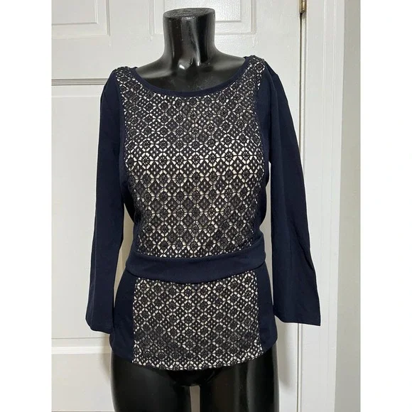 Navy Blue Ann Taylor 3/4 Length Sleeve Lace Shirt Size Small - Picture 1 of 5
